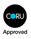 CORU approved logo, black circle on top with the word coru in white caps and a blue dot as the O, underneath the word Approved in black text.